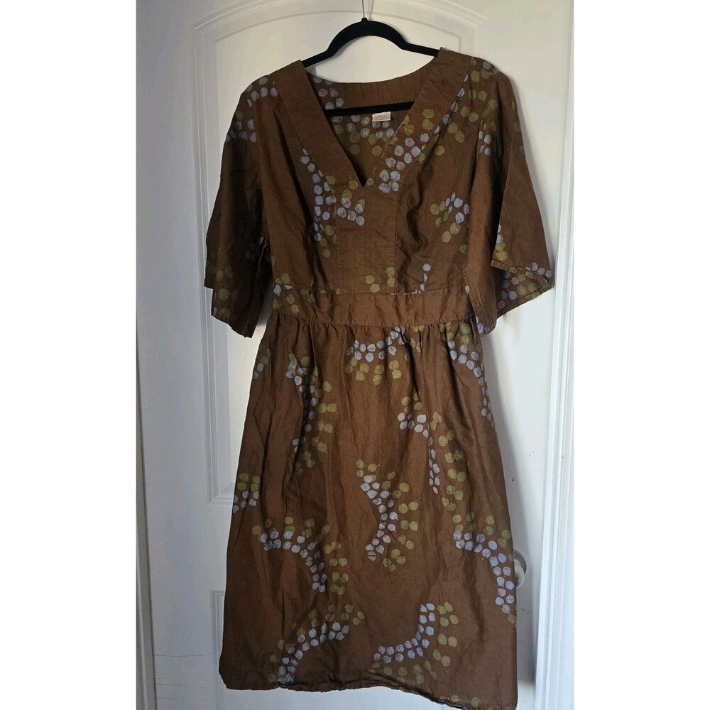 Global Mamas XL Dress Tie Waist 100% Cotton Brown/ Blue/Green  Cottagecore